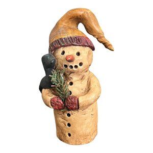 Eileen Smithson Primitive Resin Snowman Figurine 4.25" With Cardinal & Pine Deta